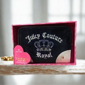 Juicy Couture NWT Medium Double Zip Around Black Velvet Wallet Rhinestone Crown
